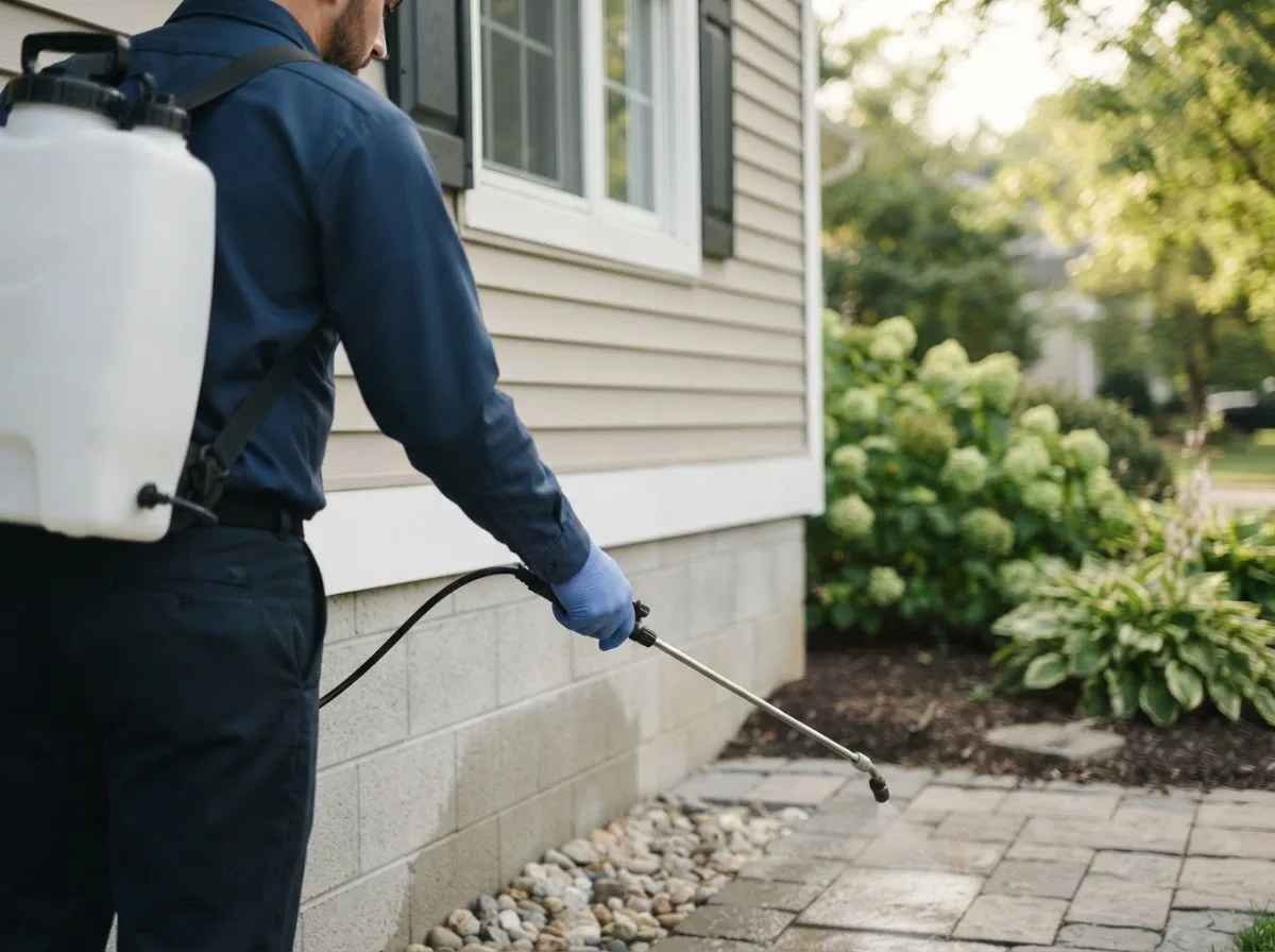 Pest control technician inspecting a home in Manito, IL